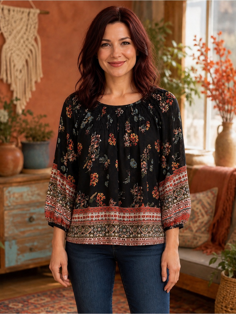 Knox Rose Black Floral Peasant Blouse with Rust Border